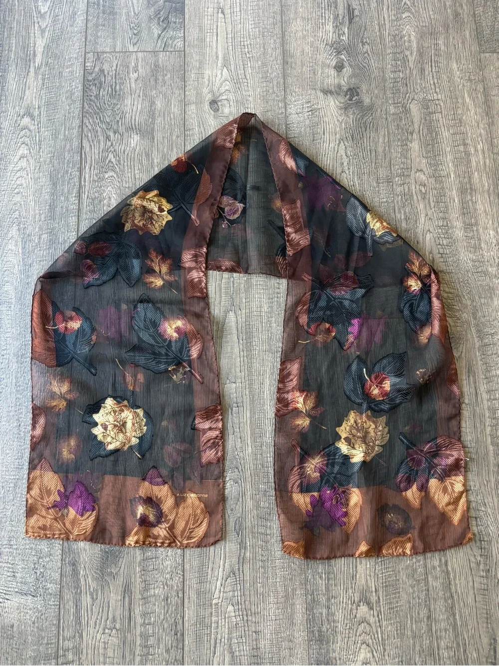 Liz Claiborne Black Sheer Floral Scarf with Bronze and Purple Accents